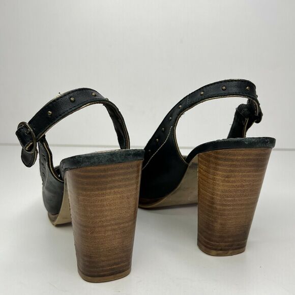 Seychelles Size 7 Singback Open Toe Black Leather Wood Block Heel‎ Studded - Picture 8 of 11